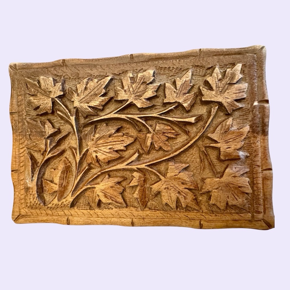 Vintage Kashmir Style Carved Walnut Wood Box w/ Leaf Branch Designs 6”x4”x3”.